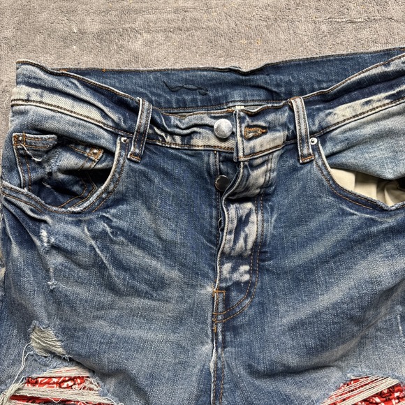 Amiri Womens Thrasher Bandana Jeans Size 32 Ripped Raw Hem‎ Punk Moto Fit Y2k - Picture 4 of 13